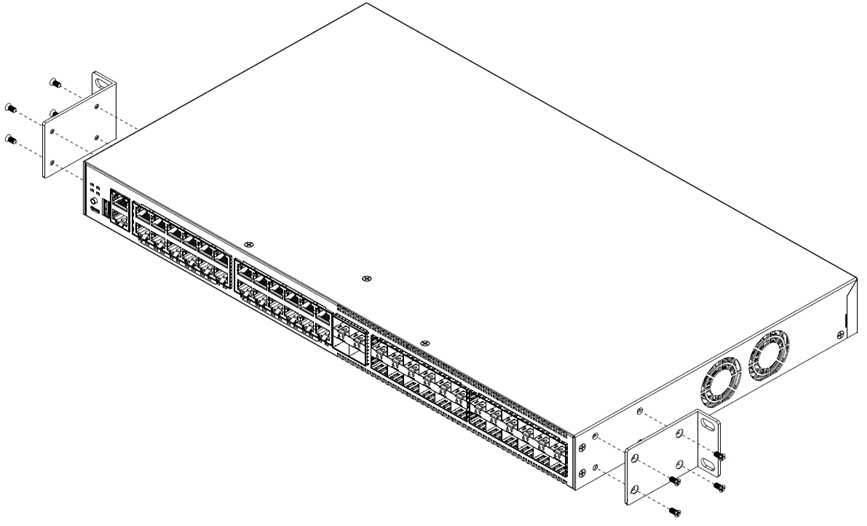 Attaching mounting ears to 5320-24T-4X-XT and 5320-24T-24S-4XE-XT switches for a mid-mount