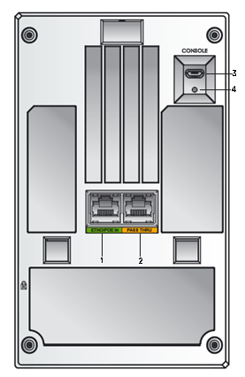 Image of the AP302W access point highlighting the rear features. The feature callouts are described in the Table: Rear feature components.