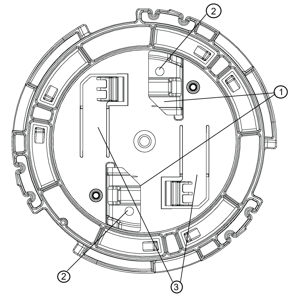 Circular plastic TB accessory highlighting the metal hinges, mounting holes for wall mounting, and the white tab.