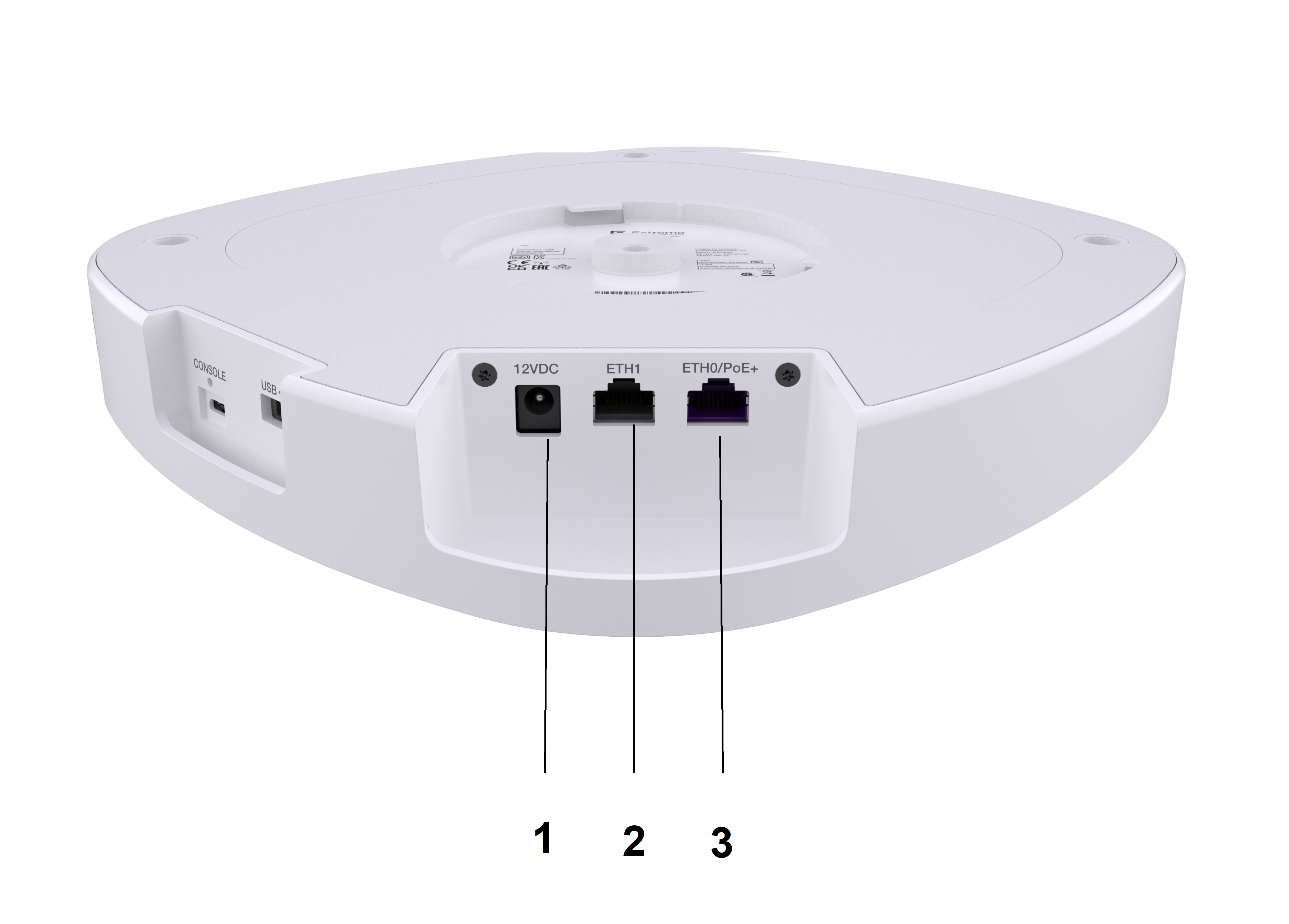 AP5020 ports. From left to right: 12VDC connector, ETH1 port and ETH0/PoE+ port.