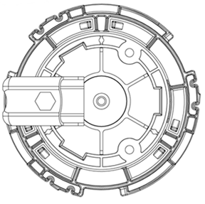 Plastic circular bracket with metal beam clip attached to one side of it.