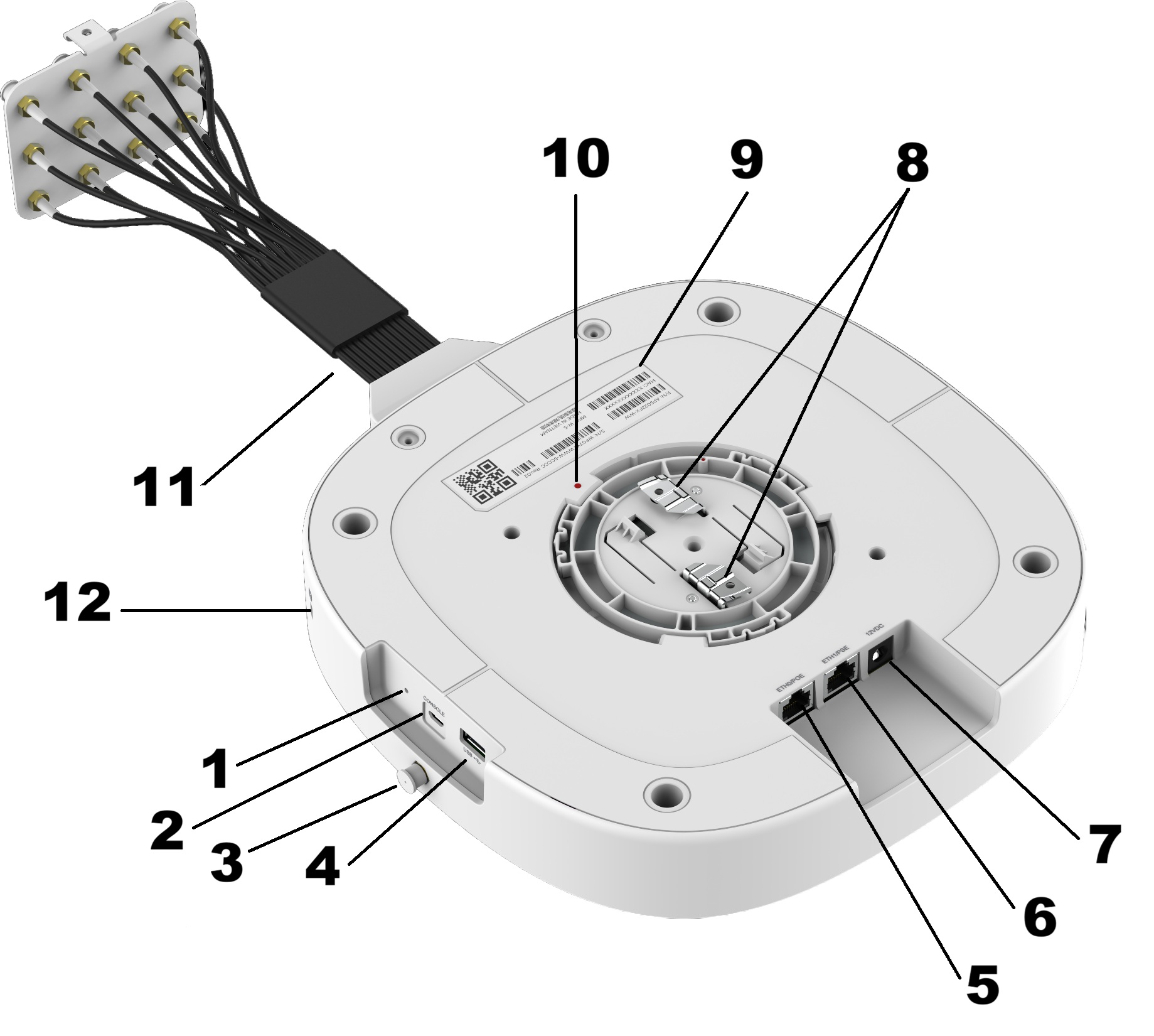 Bottom view of AP5022FX, showing Reset button (1), Console port (2), BLE port (3), USB port (4), ETH0/PoE (5), ETH0/PoE1 (6), 12vDC (7), Metal clips (8), Label (9), red dot (10), Breakout cable (11), and Keningston security slot (12). Bottom view of AP5022FX, showing Reset button (1), Console port (2), BLE port (3), USB port (4), ETH0/PoE (5), ETH0/PoE1 (6), 12vDC (7), Metal clips (8), Label (9), red dot (10), Breakout cable (11), and Keningston security slot (12).