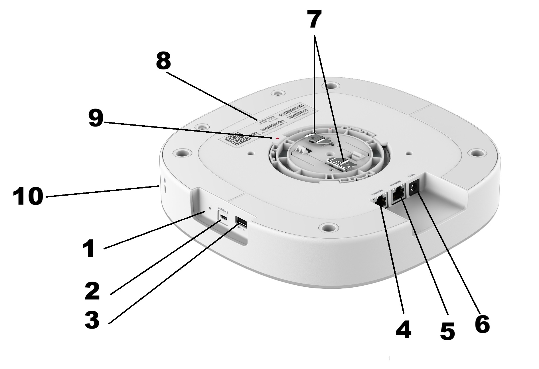 Bottom view of AP5022 and AP5022S6D, showing Reset button (1), Console port (2), USB port (3), ETH0 port (4), ETH1 port (5), 12vDC connector (6), mounting clips (7), label (8), red dot (9), Kensington slot (10). Bottom view of AP5022 and AP5022S6D, showing Reset button (1), Console port (2), USB port (3), ETH0 port (4), ETH1 port (5), 12vDC connector (6), mounting clips (7), label (8), red dot (9), Kensington slot (10).