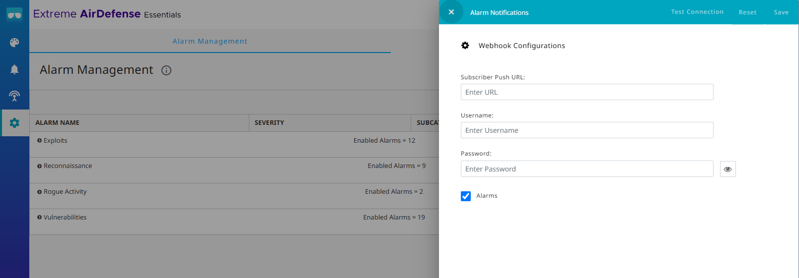 Alarm Notifications Webhook Configurations Settings Pane