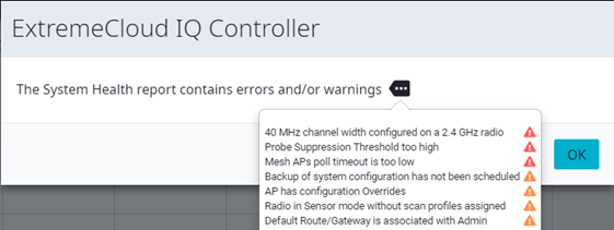 System Health Notification Report indicates system configuration warnings.