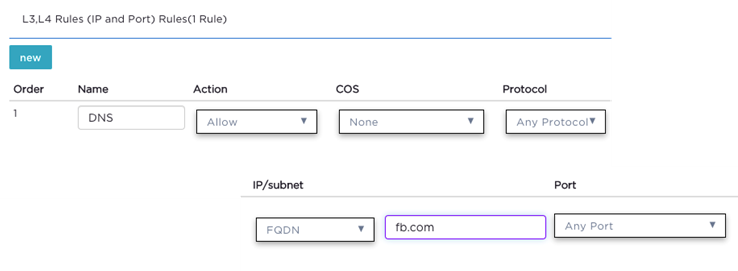 DNS Layer 3 rule illustrating access through Facebook