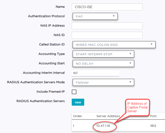 AAA Policy for CWA &mdash; RADIUS Server definition is the address of the Captive Portal Server