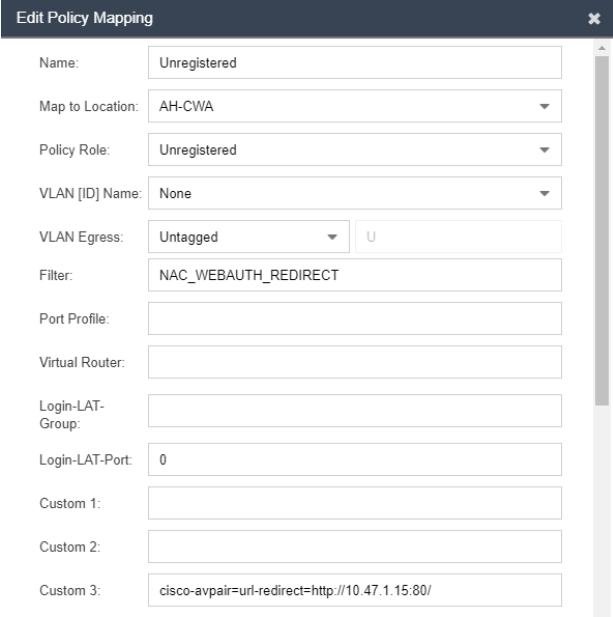 Redirect Policy Mapping on ExtremeControl for an Unregistered user.