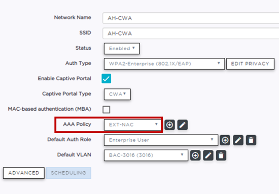 CWA Network Settings -- ExtremeControl