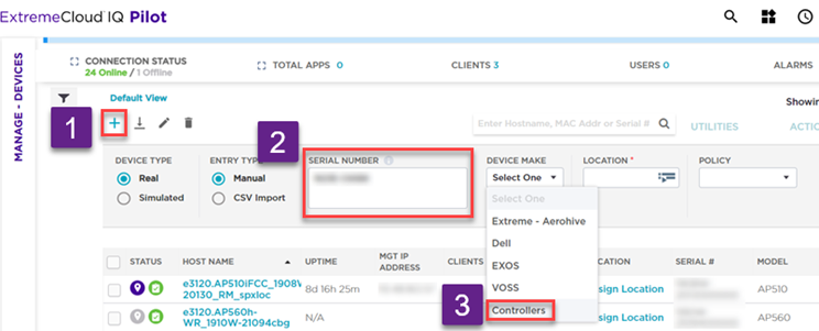 Manually adding a controller to ExtremeCloud IQ Manually adding a controller to ExtremeCloud IQ