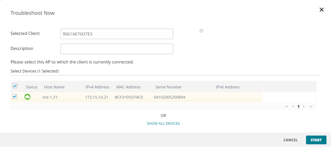 Troubleshoot Now tool, single connected device view