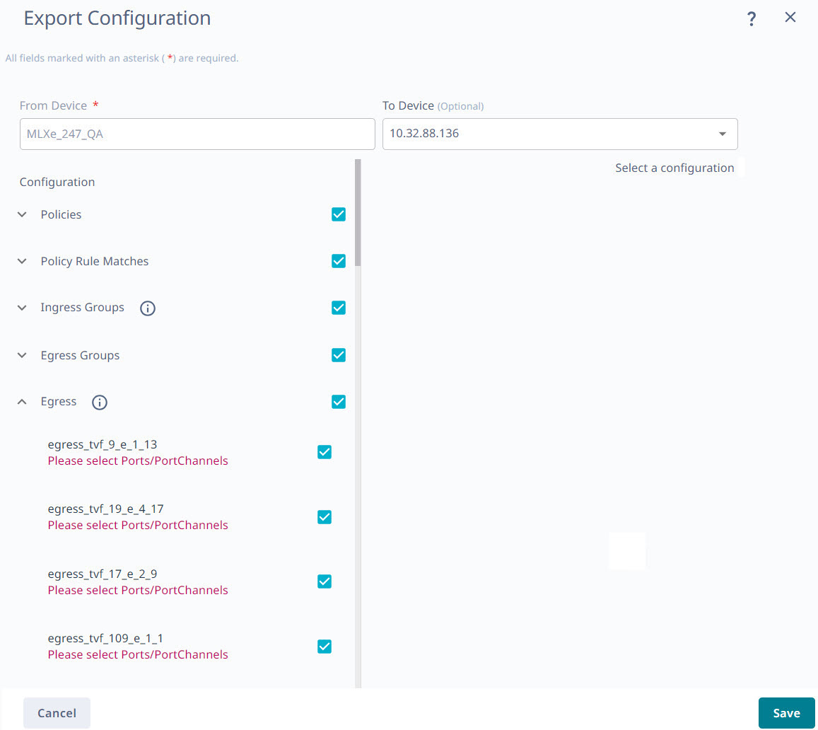 export configuration window