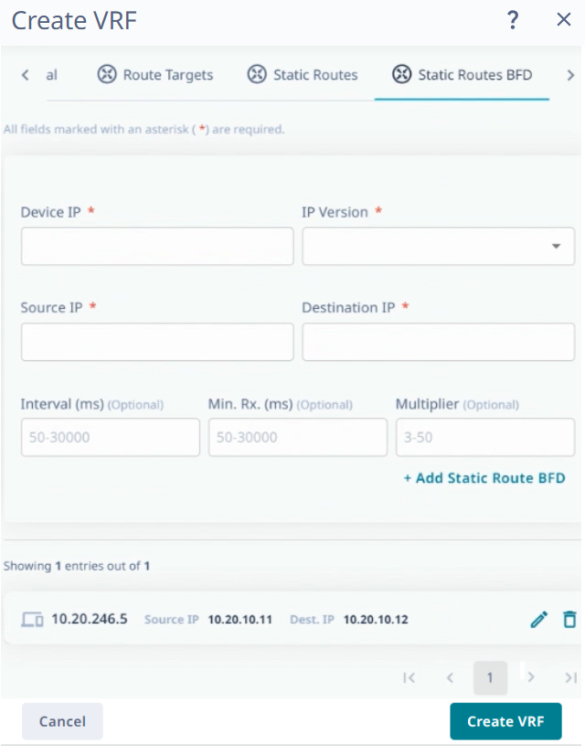 static routes BFD tab