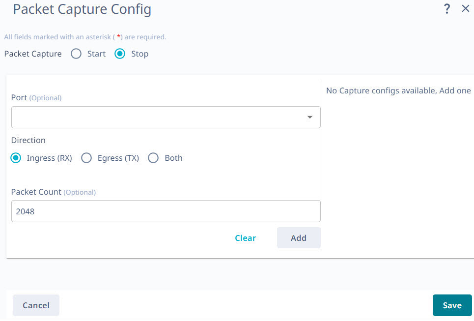 Packet capture config screen