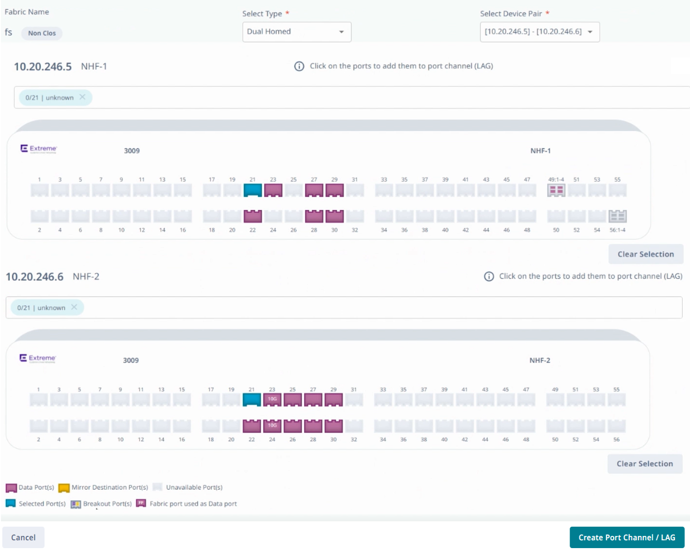 fabric section in the create tenant port channel page