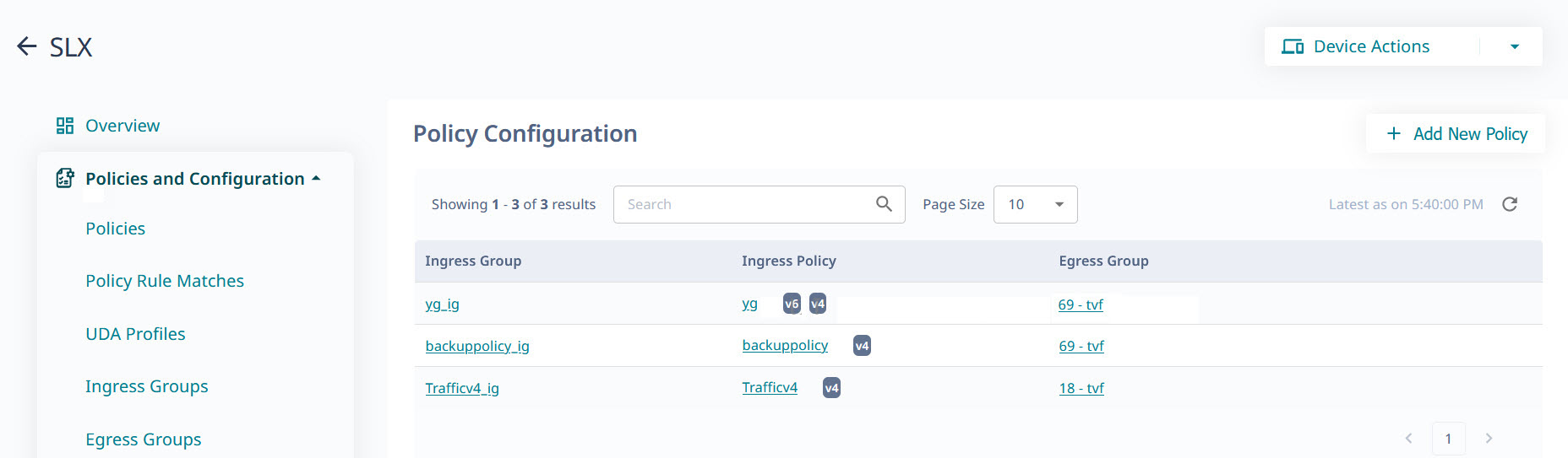 Policy configuration overview page