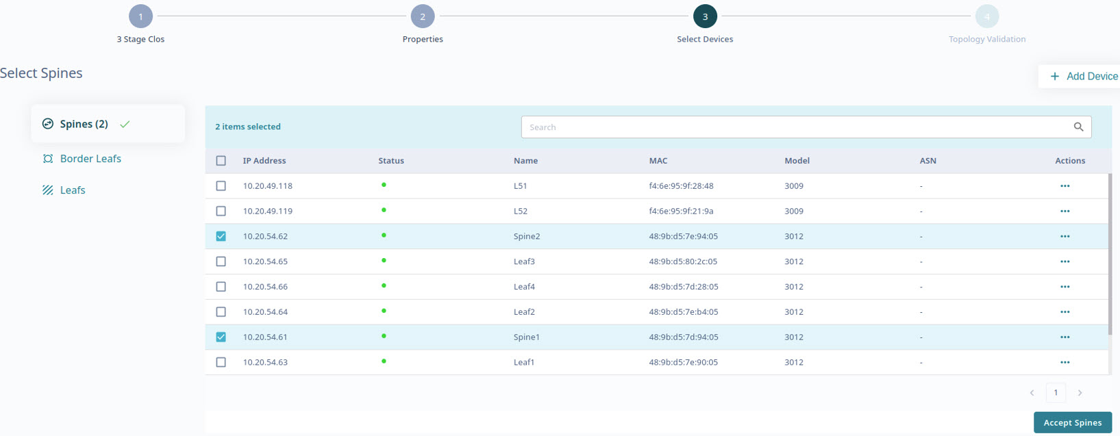 select devices for creating 3 clos fabric