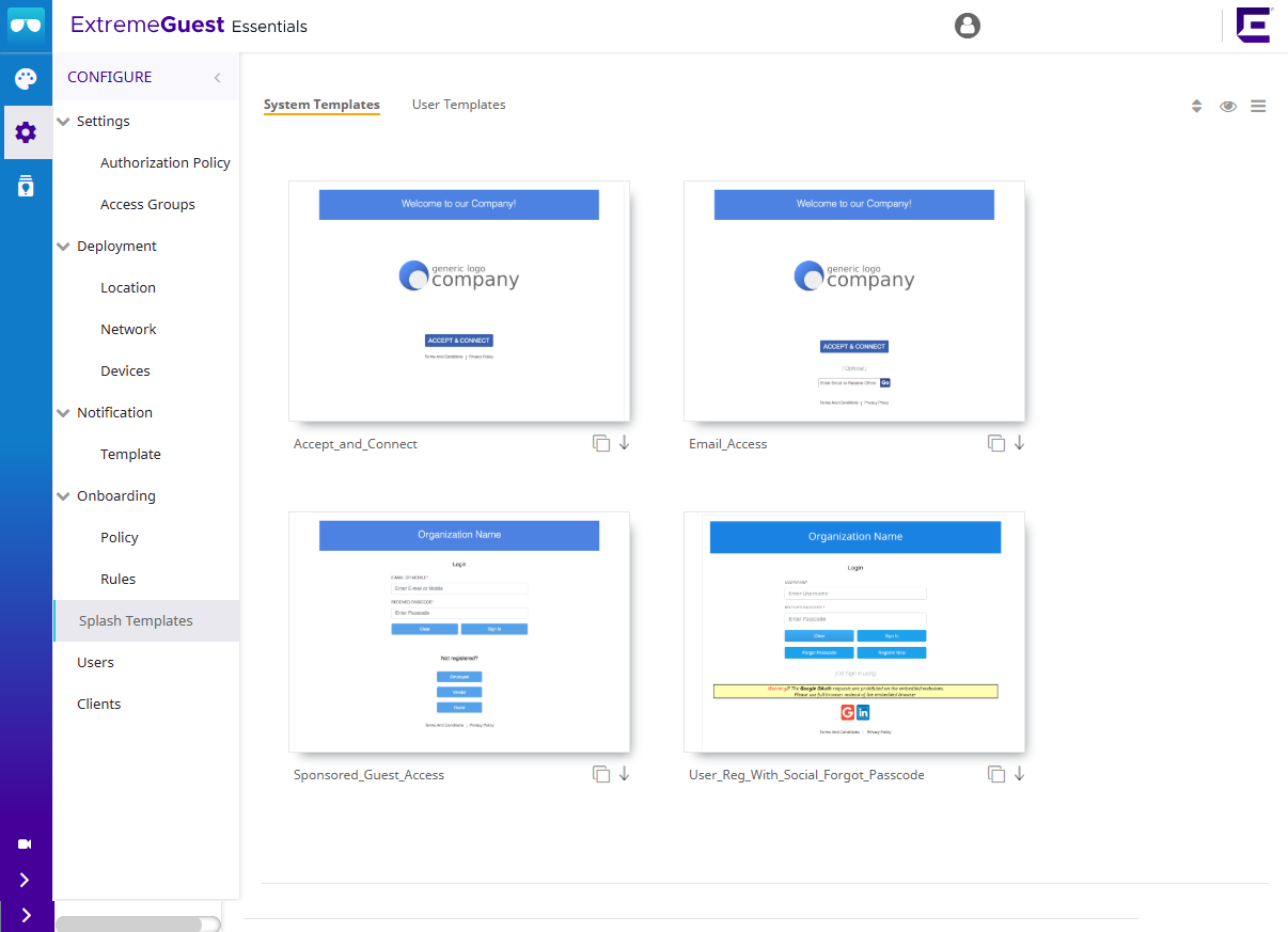 System Templates Screen