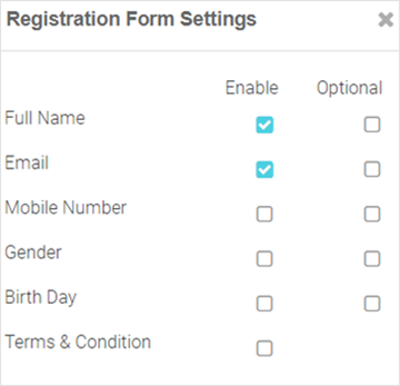 Create Splash Template - Registration Form Settings Panel