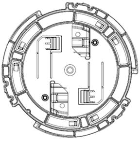 Circular plastic bracket with two metal hinges for 15/16 in. ceiling installation.