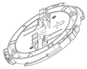 Circular plastic bracket with two metal hinges on either side. The bracket has an image of a 9/16 in ceiling grid printed on it.