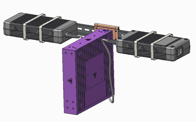 V300HT-8P-2X downward facing, vertical orientation frontal view attached to the DIN rail, with one XN-ACPWR-320W-HT PSU cable tied to the DIN rail on both sides of the port extender