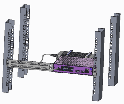 V300-8P-2X forward facing, single mounted to right front rack rail with long ear bracket attached to left rack rail and PSU cable tied to the rear of the port extender