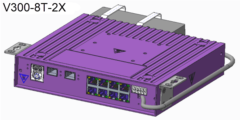 V300-8T-2X under table mounting front panel shown upside down with short brackets, PSU attached to the rear, with cable ties around PSU