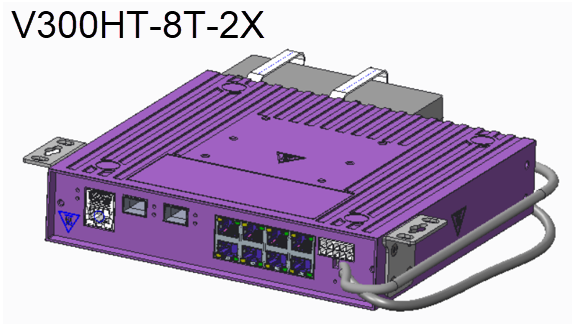 V300HT-8T-2X under table mounting front panel shown upside down with short brackets, PSU attached to the rear, with cable ties around PSU