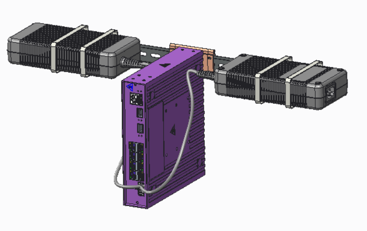 V300HT-8P-2X front facing, vertical orientation frontal view attached to the DIN rail, with one XN-ACPWR-320W-HT PSU cable tied to the DIN rail on both sides of the port extender