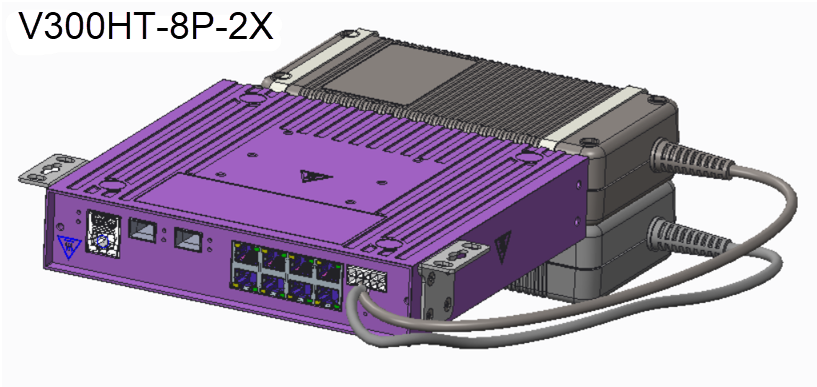 V300HT-8P-2X under table mounting front panel shown upside down with short brackets, PSUs attached to the rear, with cable ties around top PSU