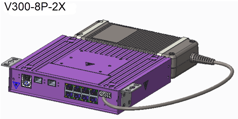 V300-8P-2X under table mounting front panel shown upside down with short brackets, PSU attached to the rear, with cable ties around PSU