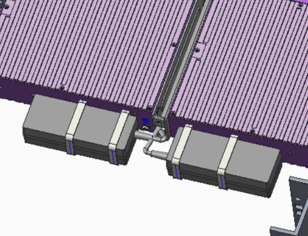 V300-8T-2X rear side top view side-by-side, shown with one PSU cable tied to the rear of each port extender