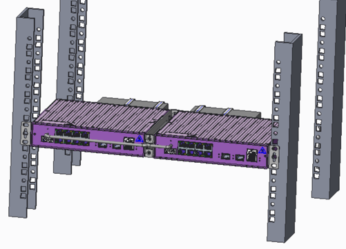 V300-8T-2X forward facing side-by-side, dual mounted to front rails and one PSU cable tied to the rear of each port extenders