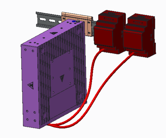 V300HT-8T-2X downward facing, vertical orientation frontal view attached to the DIN rail, with dual XN-ACPWR-60W-HT-DIN PSUs directly attached to the DIN rail on the right side of the port extender