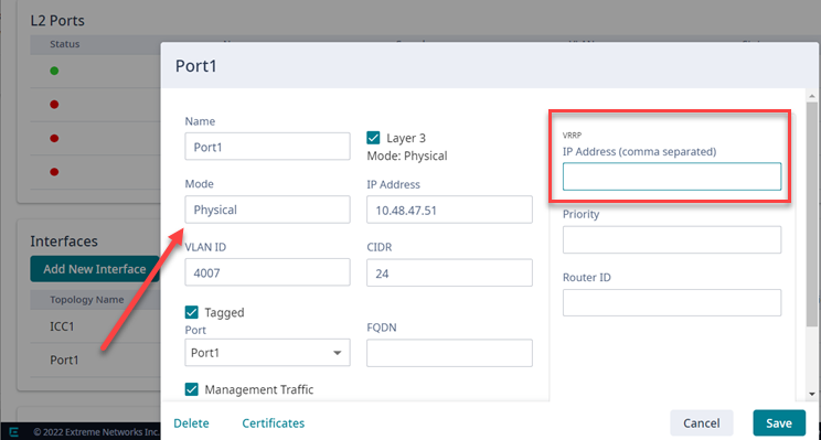 User Interface showing properties window for Port 1