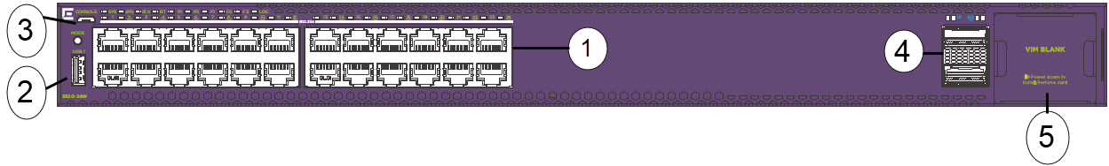 Front panel view of 5520-24W switch showing fixed ports, USB port, LEDs, and VIM slot.