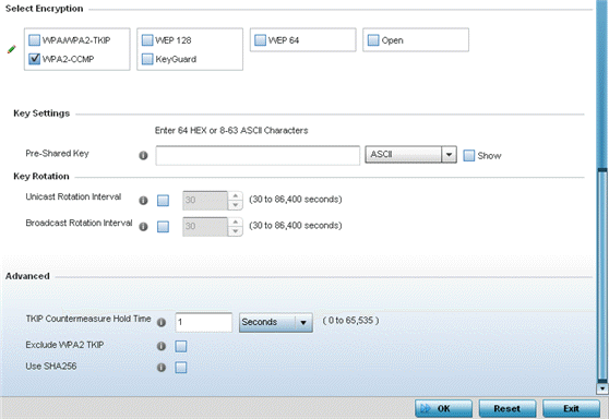 Screen capture displaying WPA2-CCMP selection as the encryption type in the WLAN security - WPA2-CCMP screen.
