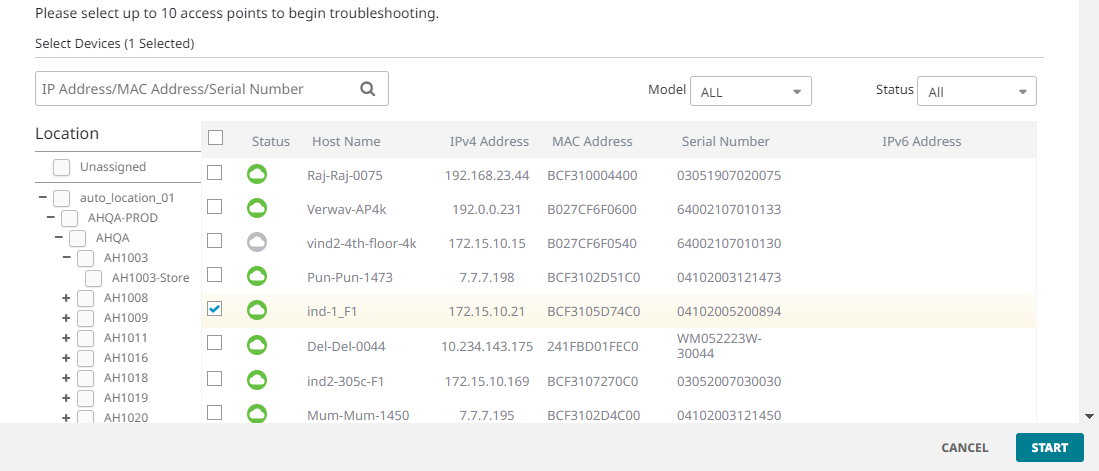 Troubleshoot Now tool, all devices view