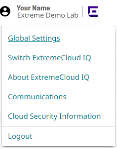 ExtremeCloud IQ menu with Global Settings selected.