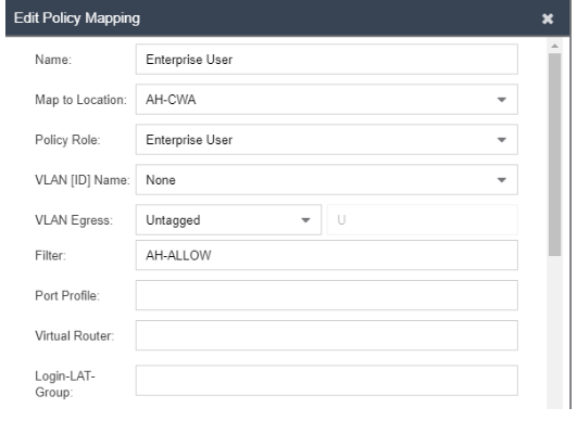 Allow Policy Mapping on ExtremeControl for an Enterprise User.