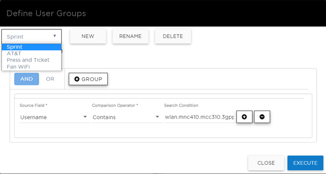 Query Builder showing user group definition based on Hotspot 2.0 NAI Realm.