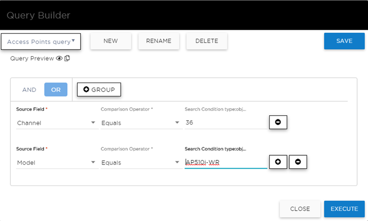 Query Builder showing query for channel distribution by AP model, per site.