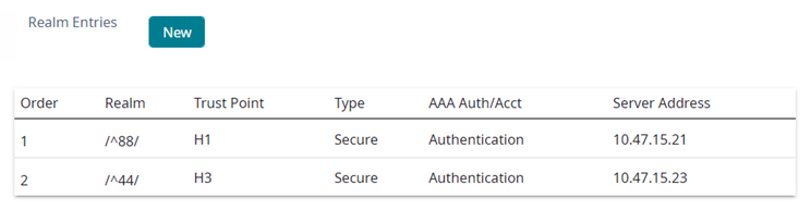 Example of a regular expression realm configuration by MAC address that handles load balancing.