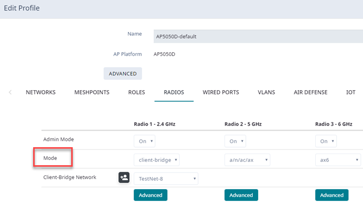 Device Group Configuration Profile showing the Radio Mode on the Radios tab.