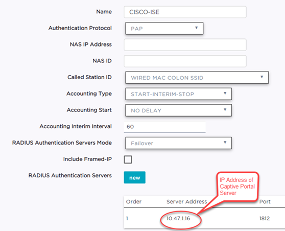 AAA Policy for CWA — RADIUS Server definition is the address of the Captive Portal Server