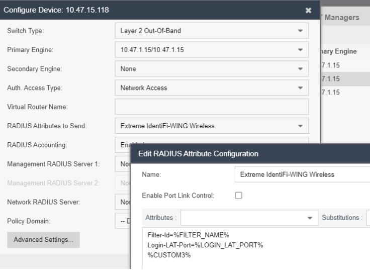 RADIUS Attribute Configuration for a switch associated with ExtremeCloud IQ Controller.