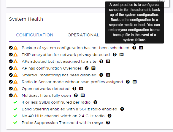 System Health widget displaying best practice compliance for the network.