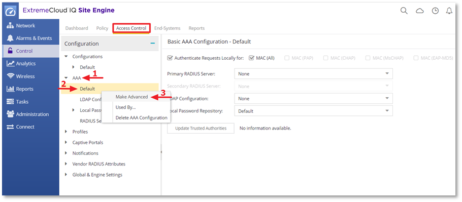 Change the AAA authentication view to Advanced