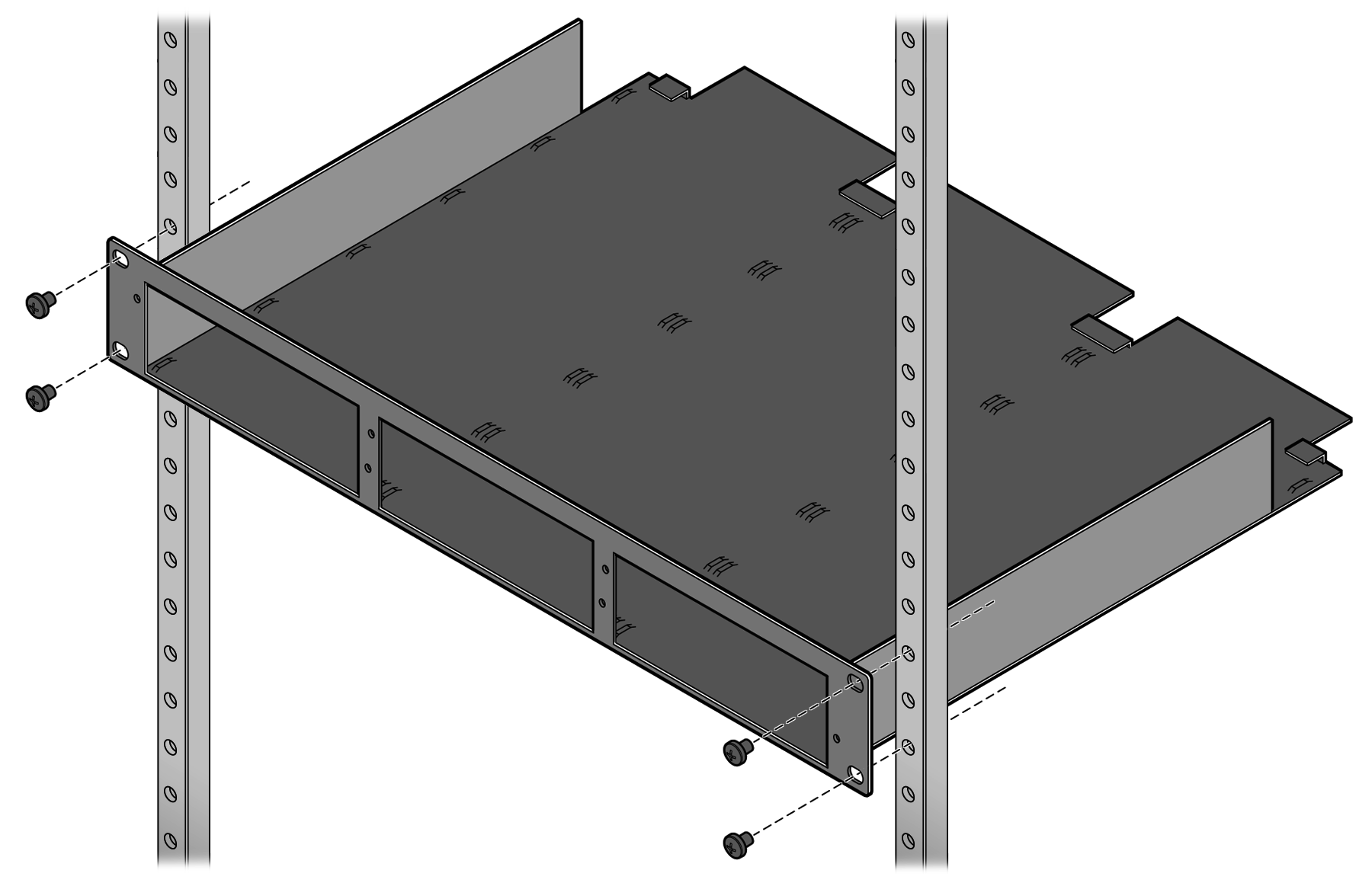 Securing the three-slot shelf to a rack, by inserting screws through the flanges on both ends of the shelf into the left and rack posts